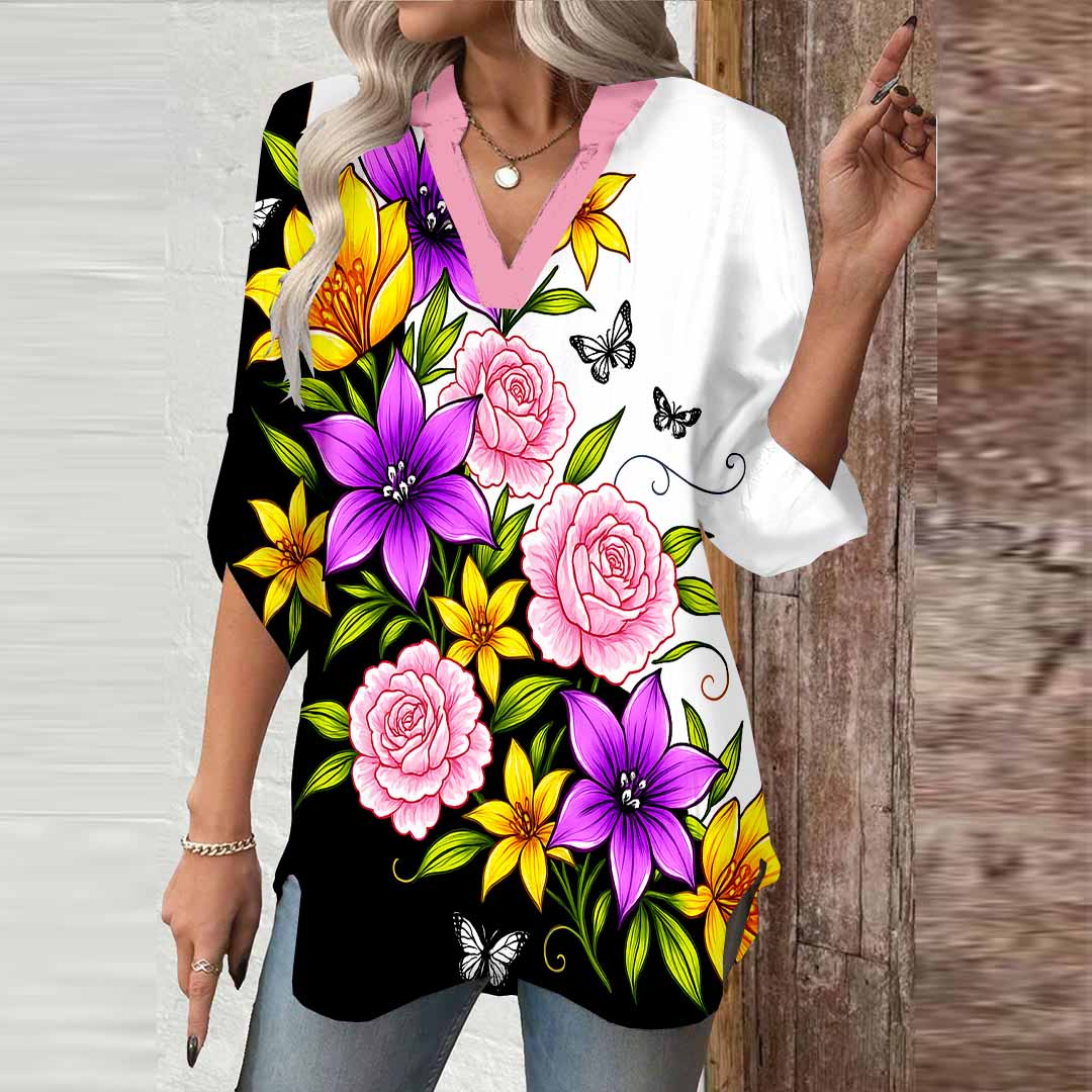 Women Floral,Black,Purple DZGA0774 3/4 Sleeve V-neck Printed Graphic Button Tops