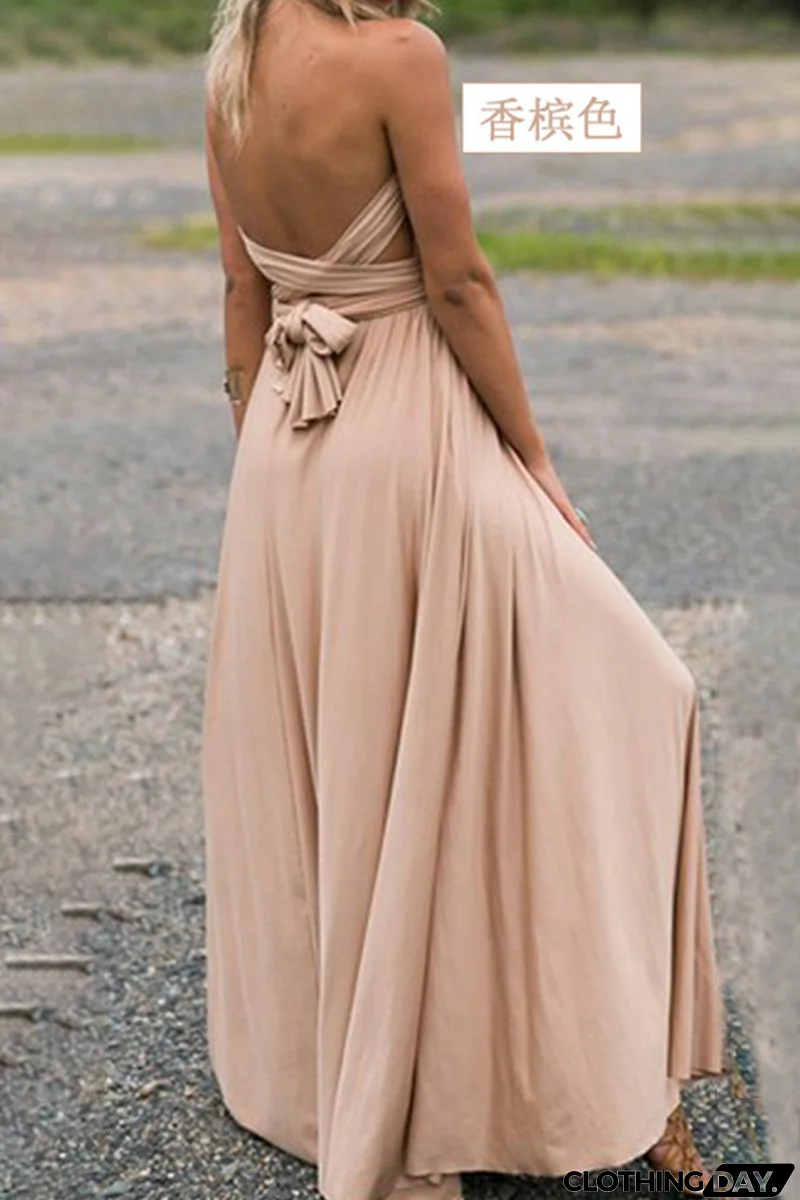 Fashion Elegant Solid Patchwork Backless Strap Design Evening Dress Dresses(20 Colors)