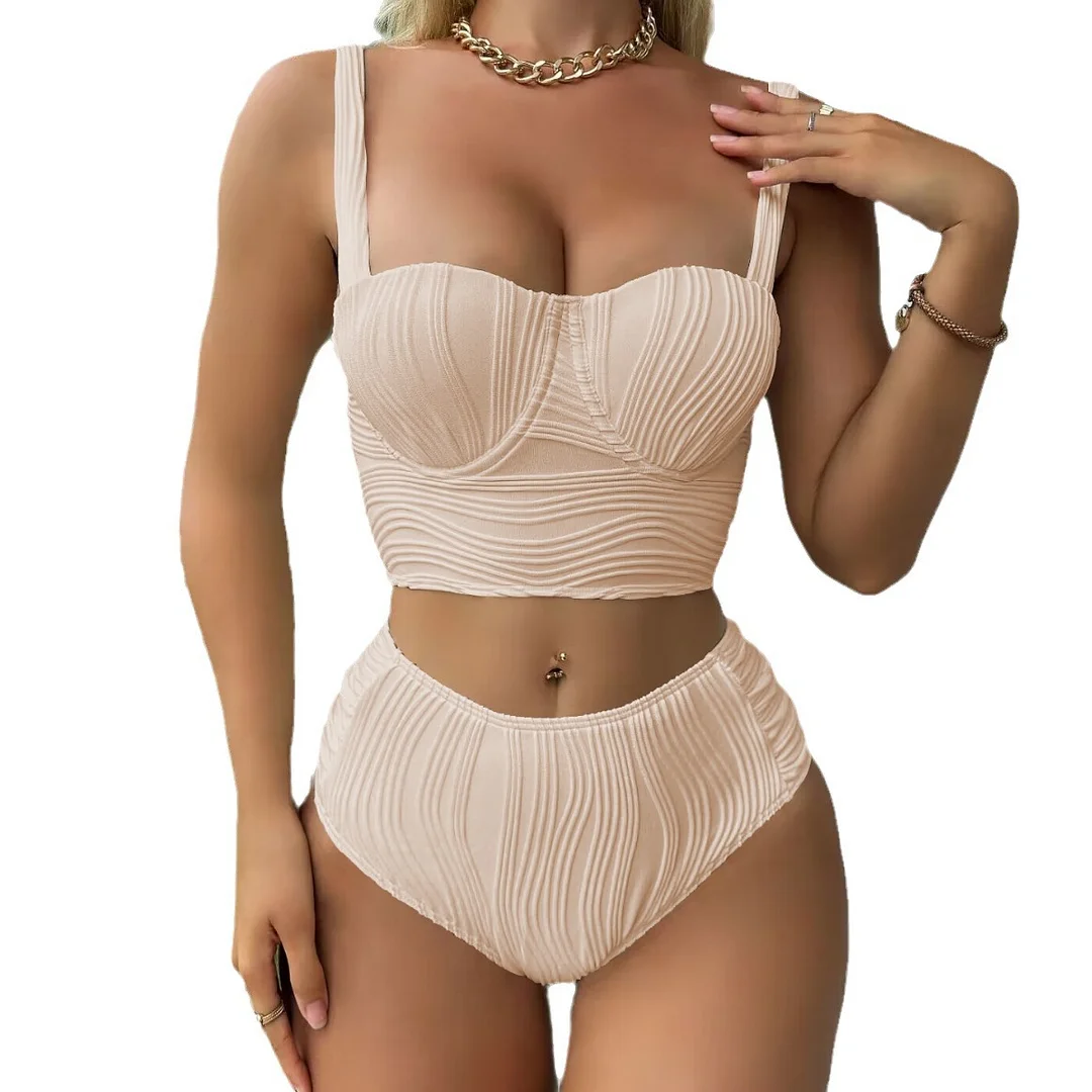 Uveng 2023 New Flower Bone Special Fabric Hard-Backed Split High-Waist Swimsuit Swimsuit