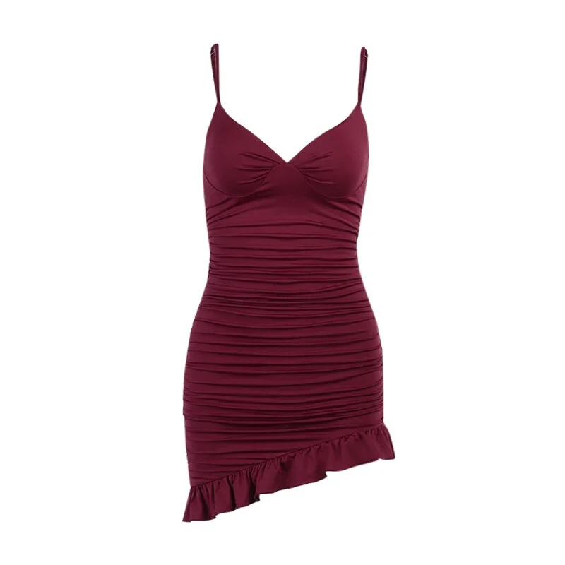 InstaHot Sexy Women Slim Mini Dress Spaghetti Strap Ruched Asymmetric Ruffle Summer Elegant Bodycon Casual Party V Neck Dress