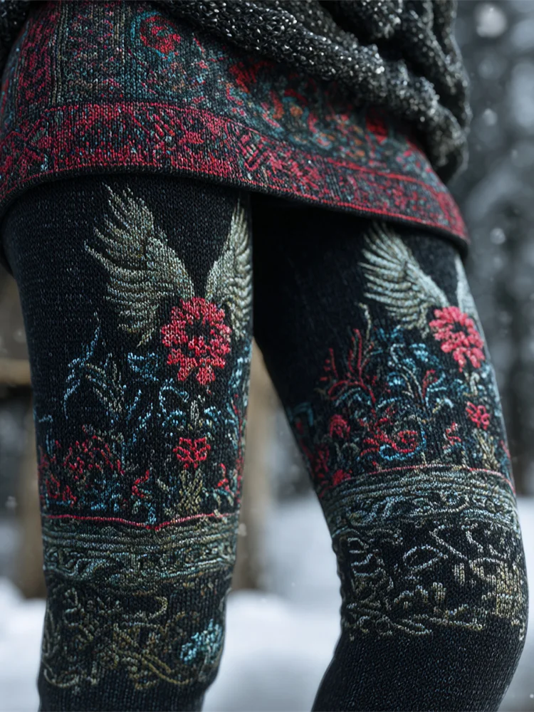 Tribal Wings & Vintage Floral Design Women's Knit Leggings