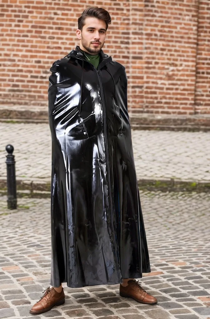 Men Latex Cape Hooded Two-Way Zipper