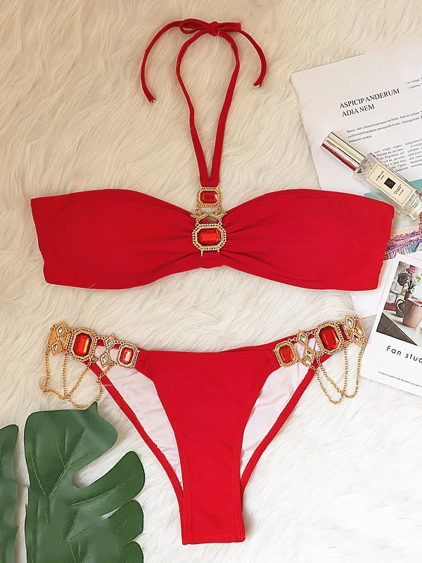 Beaded Decorated Halterneck Padded Hipster Backless Bikini Swimwear