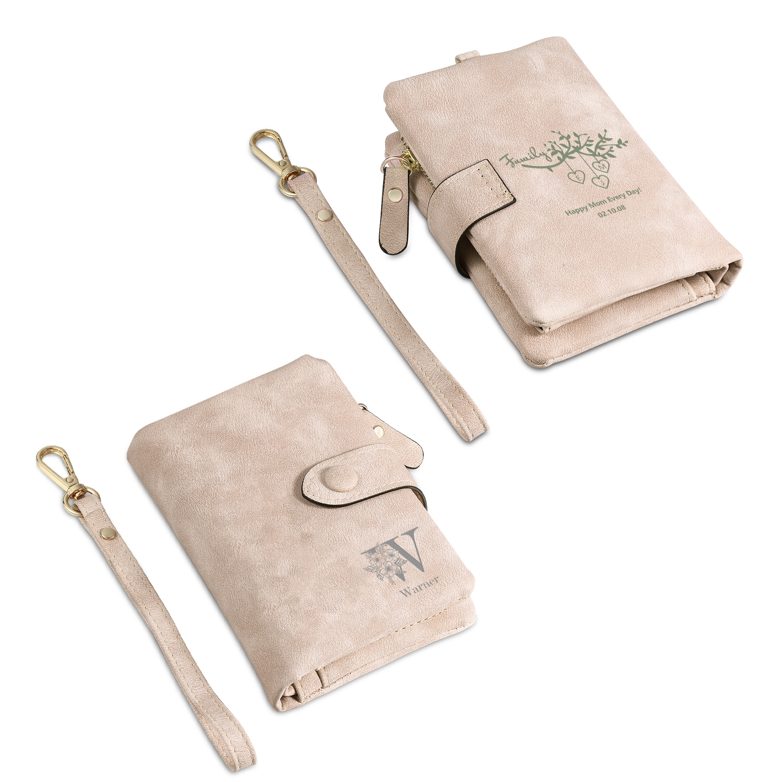 Portafoglio in PU pelle albero di vita con 4 letetre & 1 testo & 1 nome personalizzati per mamma/nonna