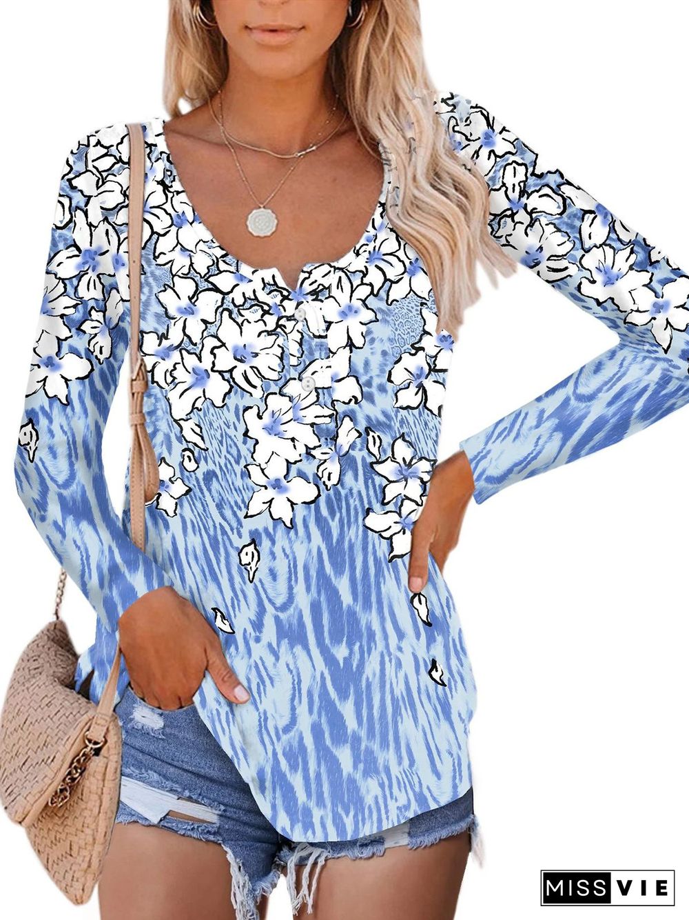 Blue Floral Printed Buttoned Shift Long Sleeve Casual Tops