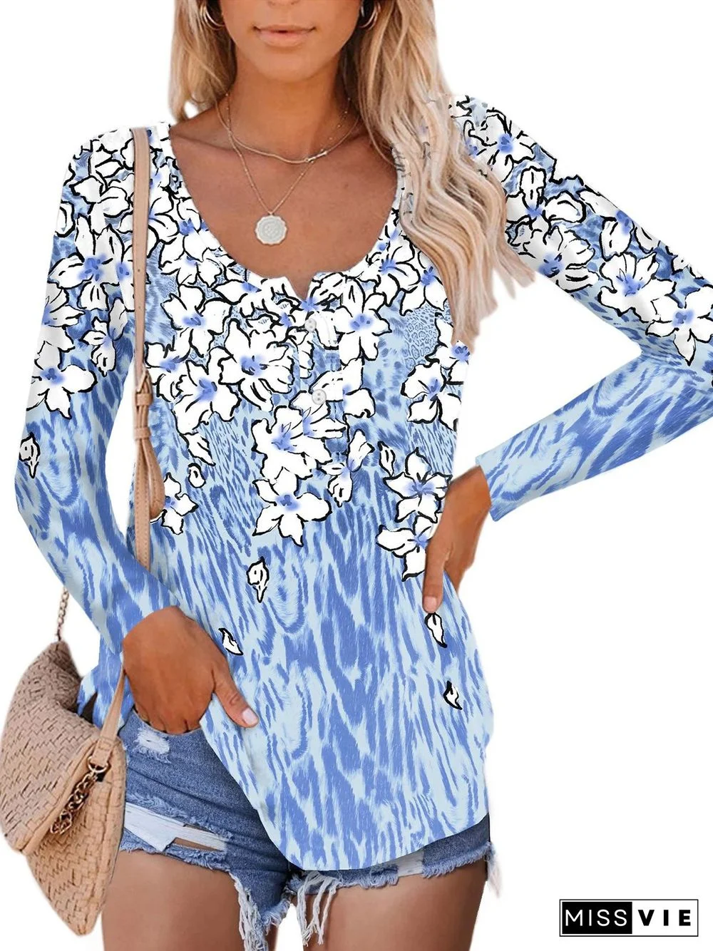 Blue Floral Printed Buttoned Shift Long Sleeve Casual Tops