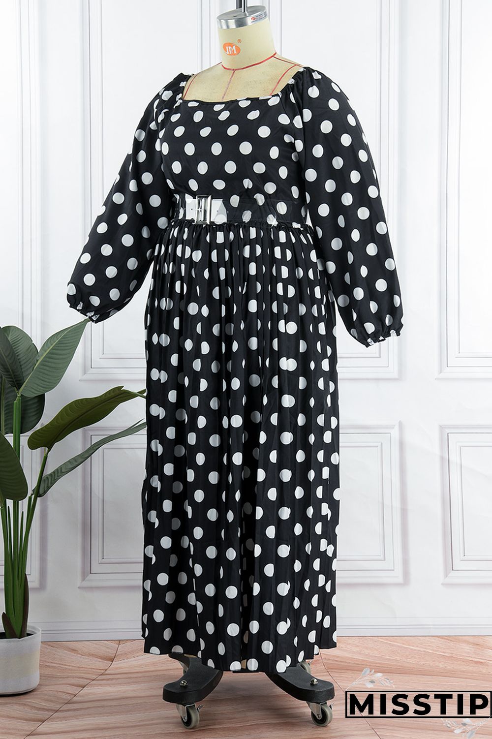 Black Casual Dot Print Patchwork Backless O Neck Long Sleeve Plus Size Dresses (Without Belt)