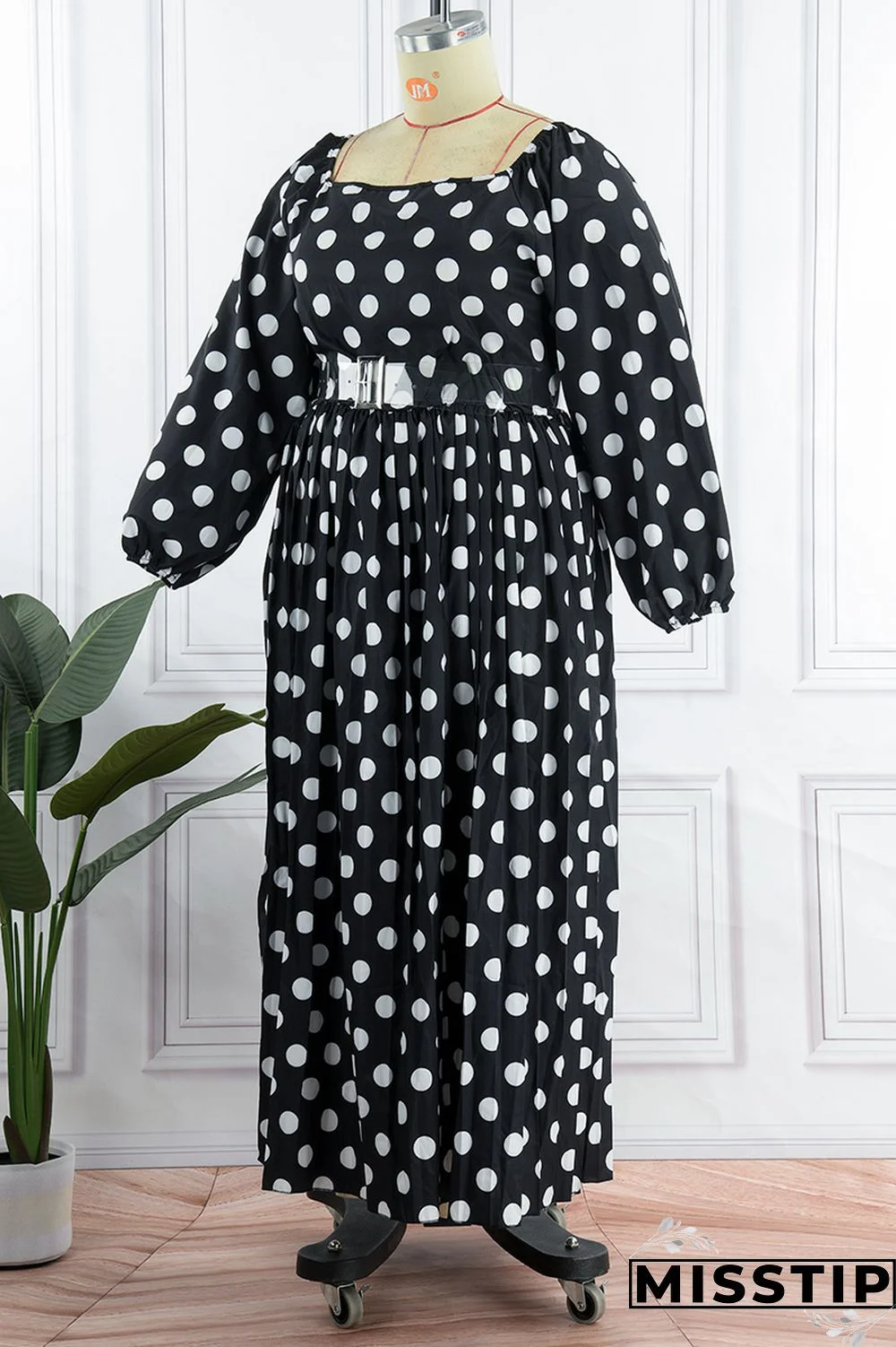 Black Casual Dot Print Patchwork Backless O Neck Long Sleeve Plus Size Dresses (Without Belt)