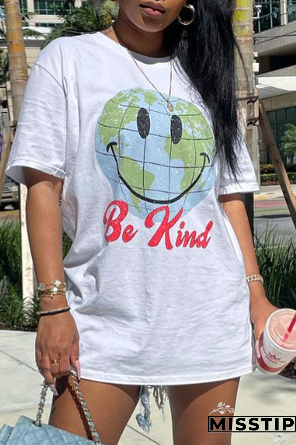 White Casual Print Patchwork O Neck T-Shirts