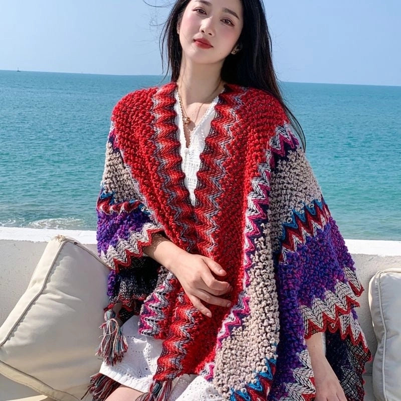 Yunnan Lijiang Travel Outside Knitted Shawl Ethnic Style Vintage Cape Cloak Tassel Scarf For Vacation Wear