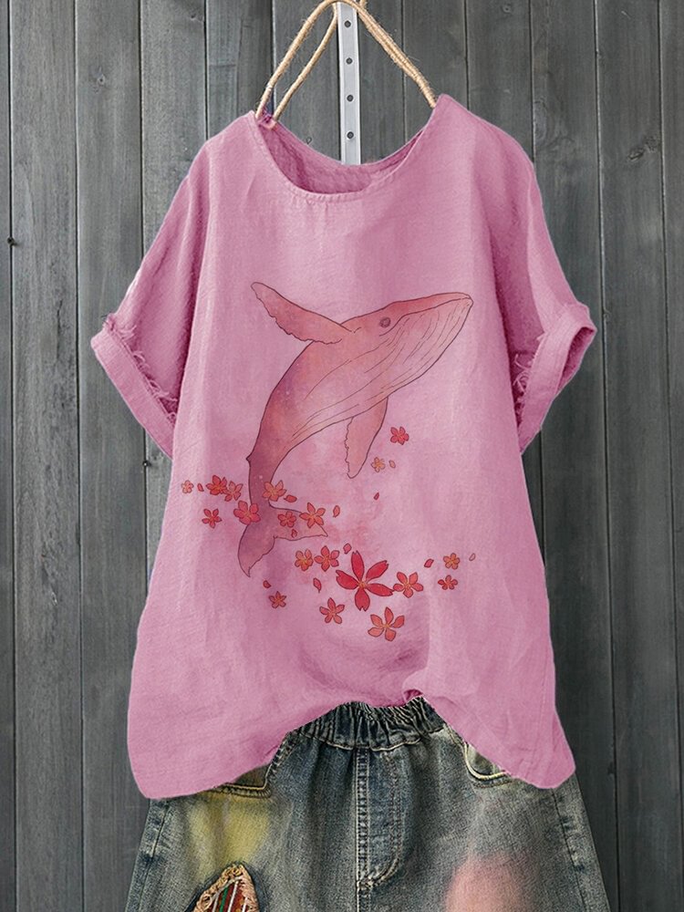 Fish Floral Print Short Sleeve O neck Casual T Shirt For Women P1836182