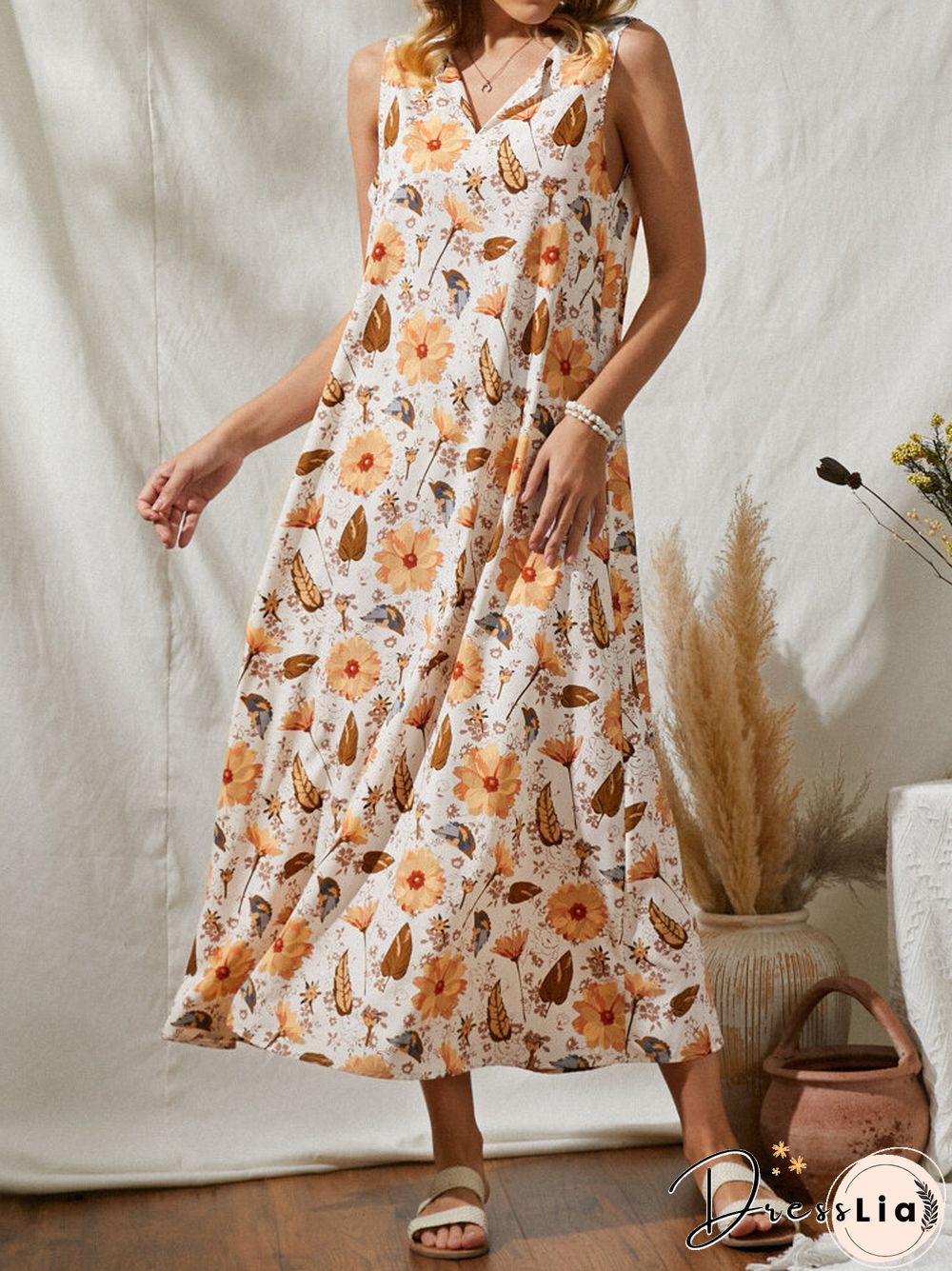 Flower Leaves Print V-neck Sleeveless Women Loose Maxi Dress