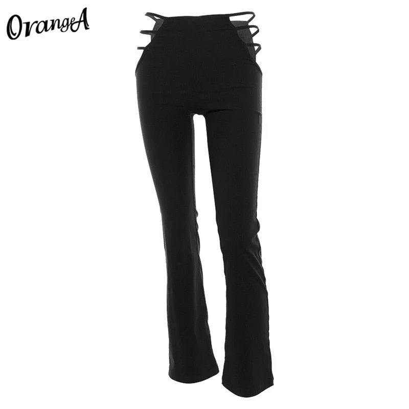 OrangeA Women Summer Sexy Hollow Out Fitness High Waist Pants Fitness Straight Y2K Street Clubwear Fashion Kpop Loose Trousers