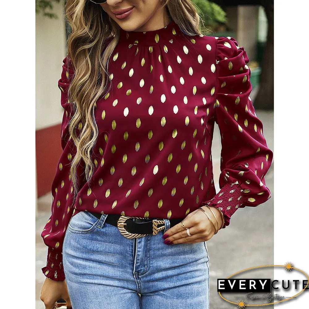 Burgundy Polka Dot Pleated Cuffs Long Sleeve Tops
