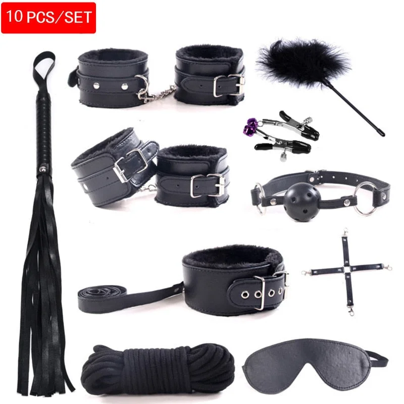 10 Pcs/set handcuffs police Cosplay Tools Toys for Set Handcuffs Nipple Clamps Gag Whip Rope Sex Toys For Couples sexy mask 515-1