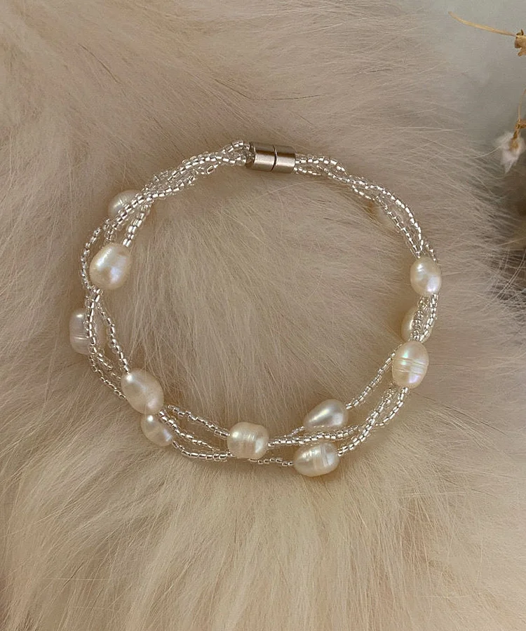 Handmade White Metal Three Layers Pearl Chain Bracelet