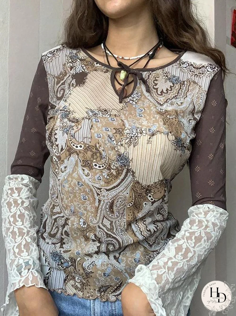 Strappy Round Neck Lace Joint Shirt