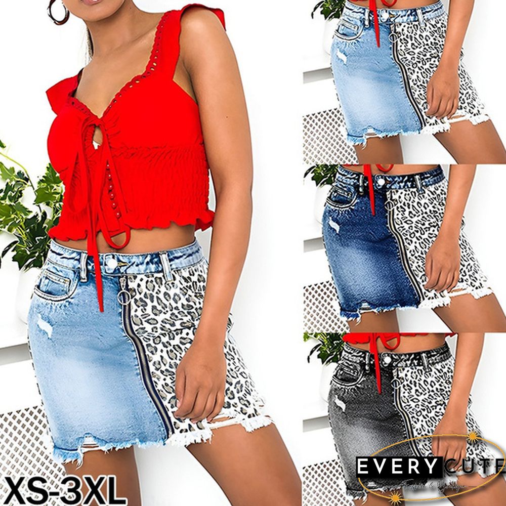 New Women Leopard Denim Skirts Short Skirt Fashion High Waist Zipper Mini Hip Jean Skirt Casual Summer Ripped Denim Short Skirt