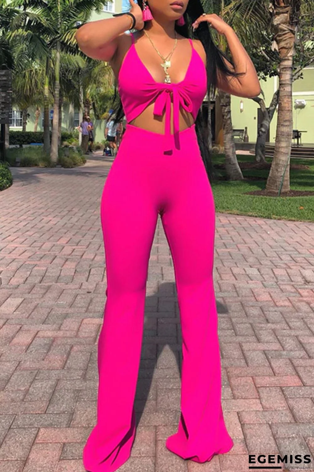 Rose Red Sexy Casual Solid Bandage Hollowed Out Backless Spaghetti Strap Skinny Jumpsuits | EGEMISS