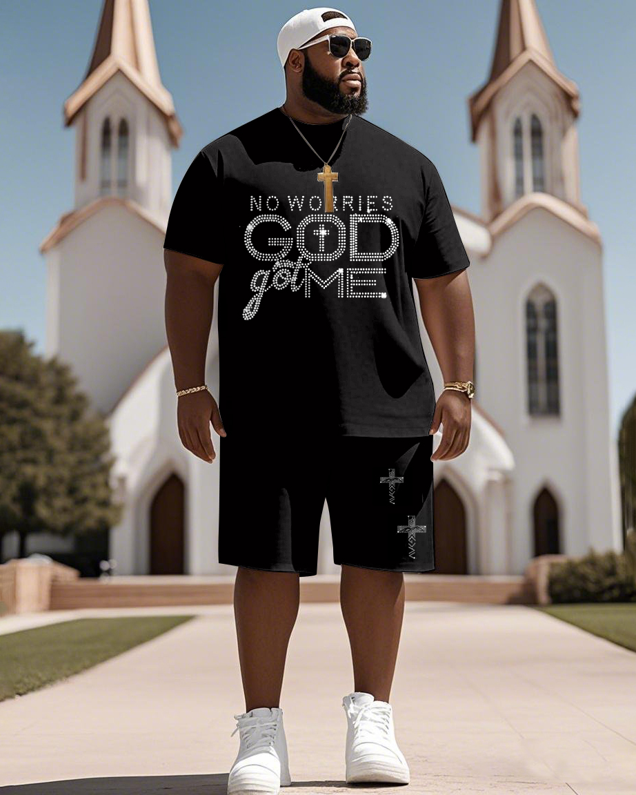 Men's Plus Size No Worries Gold Got Me Print Short Sleeve T-Shirt Shorts Suit