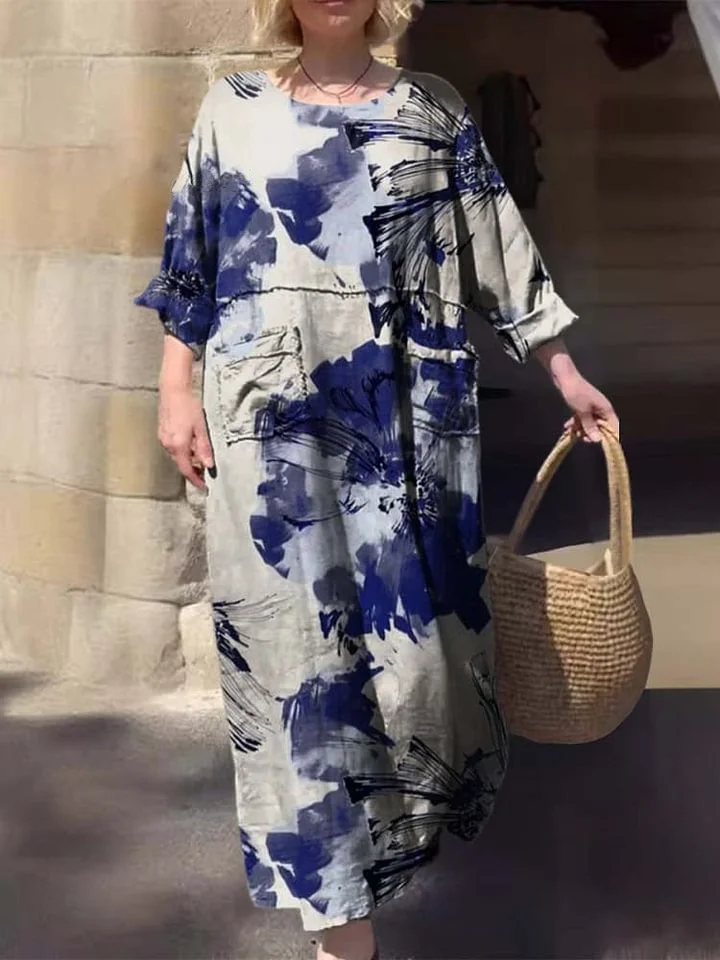Ladies Round Neck Ink Print Pocket Cotton Dress