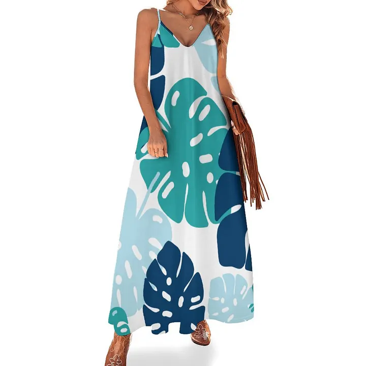 monstera sleeveless beach dress Blue Tropical Leaf Women's Casual Strappy V Neck Flowy Loose Long Maxi Green monstera