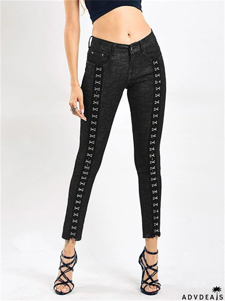 Women's Sexy Style Black Slim Fit Stretchy Rivet Double-Breasted Jeans