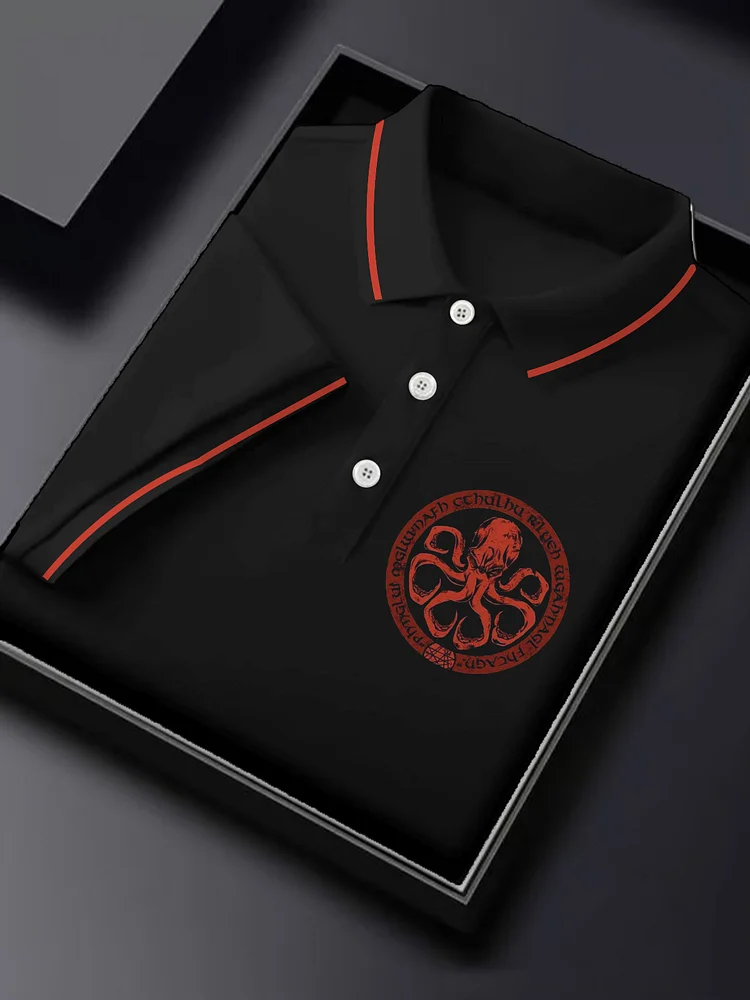 Men's Cthulhu Octopus Graphic Print Contrast Trim Polo Shirt