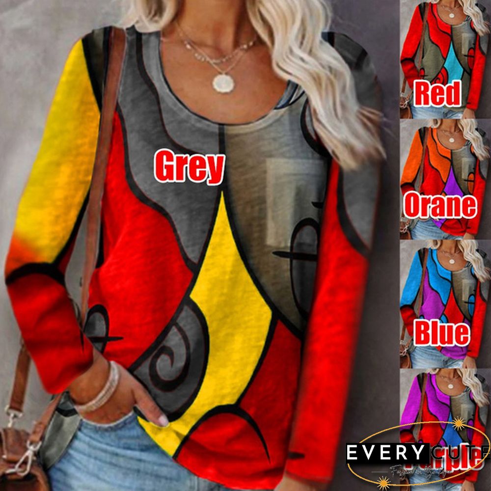 New Autumn and Winter Women's Casual Blouses Long-sleeved T-shirt Stitching Color Printed Tops Plus Size