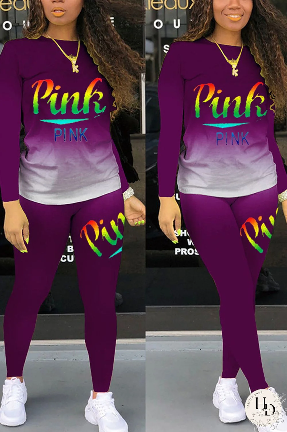 Red Casual Print Letter O Neck Long Sleeve Two Pieces