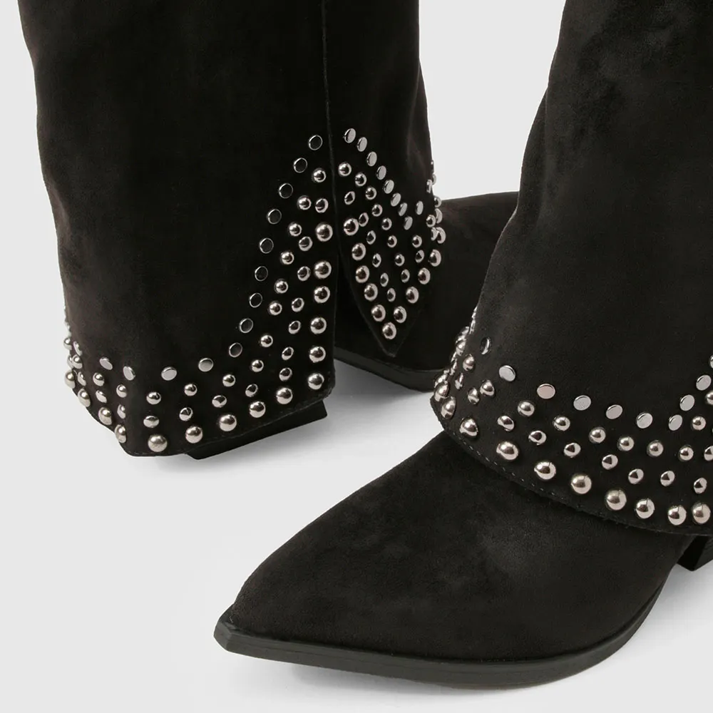 Black Pointed Toe Buckle Fold-Over Knee High Studded Cowgirl Boots