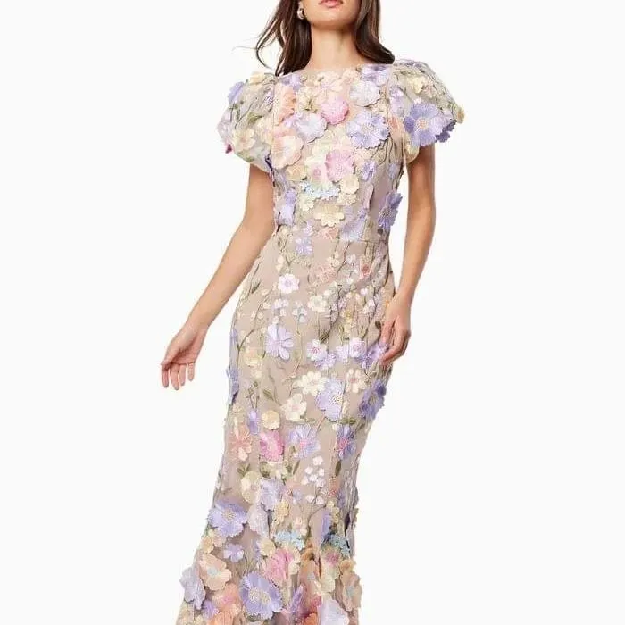 Uveng Uveng 2025 New Light Luxury Collar Embroidered Three-Dimensional Flower Bubble Sleeve Long Dress Bag Hip Dress