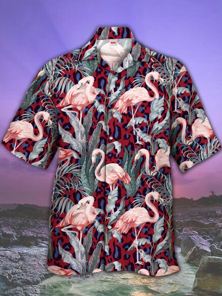 Eye-Catching Leopard Background Tropical Rainforest Pink Flamingos And Plant Leaves Printing Cuban Collar Hawaiian Short Sleeve Shirt BestDVibe