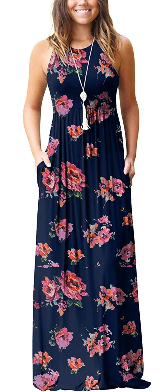 Women's Summer Floral Print Casual Long Dresses with Pockets
