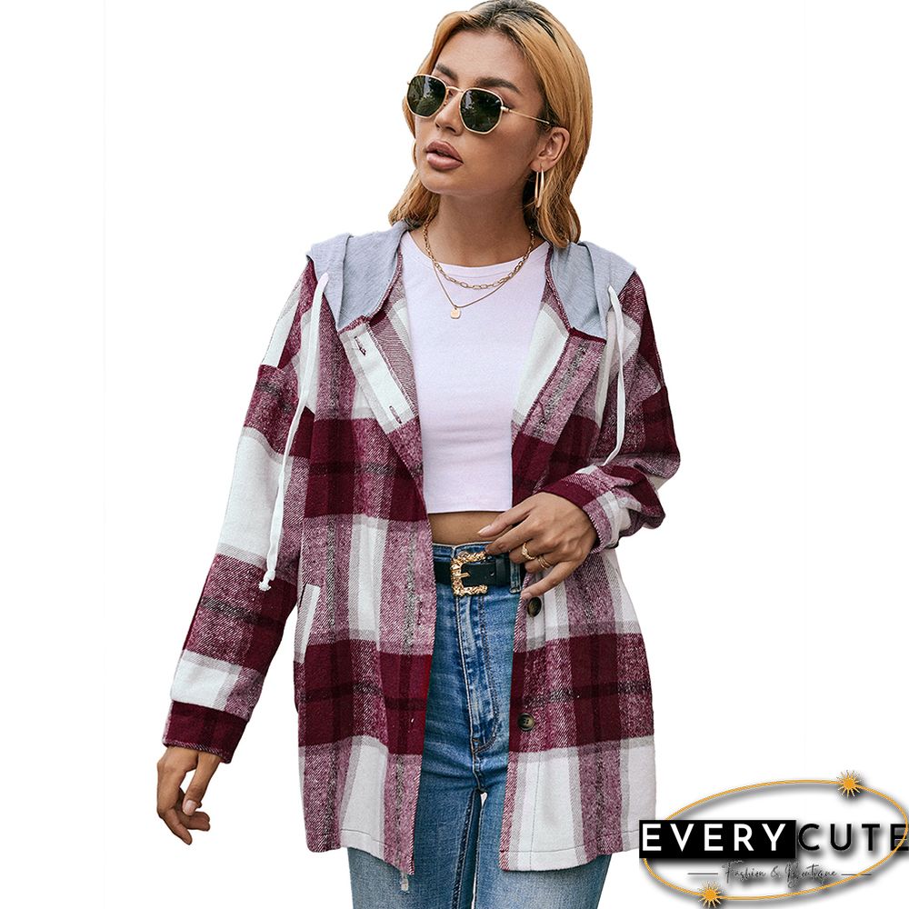 Wine Red Plaid Hooded Shirt Jacket