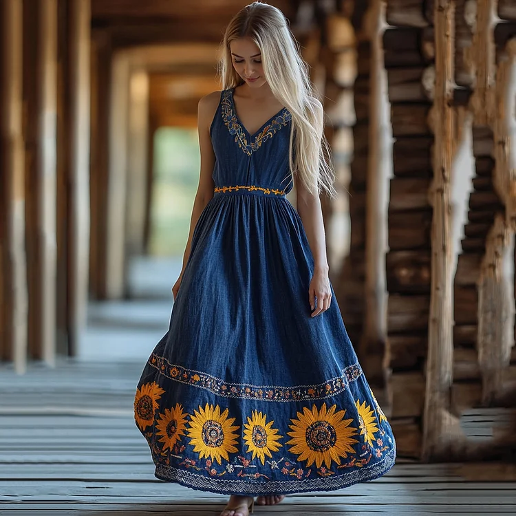 Utbros Vintage Sunflowers Floral Embroidered Art Linen Tank Dress