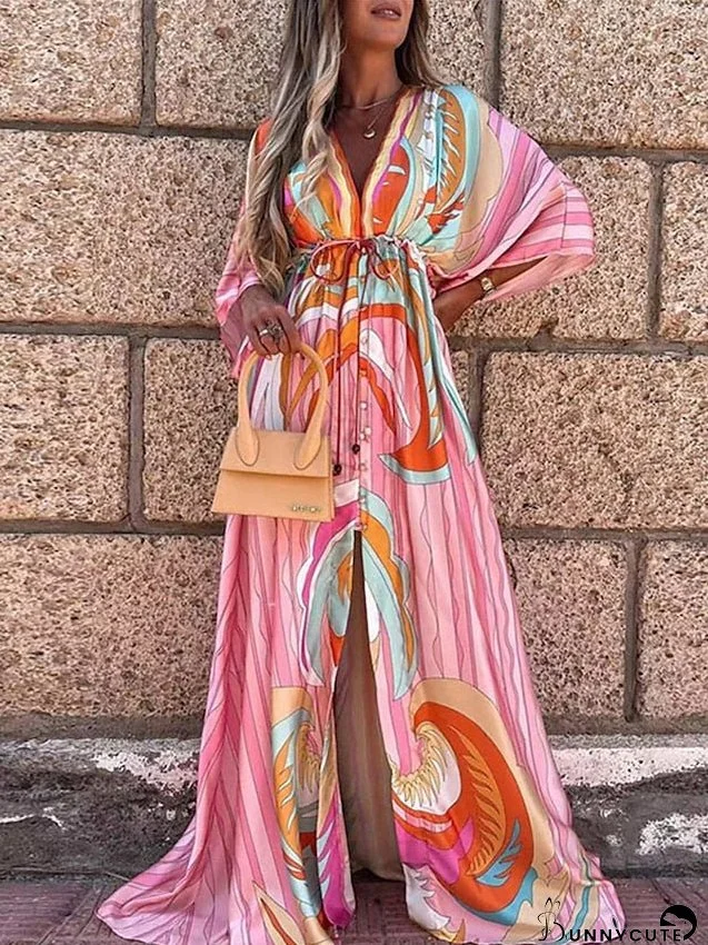 Long Dress Maxi Dress Casual Dress Swing Dress Boho Dress Leaf Floral Striped Bohemian Casual Daily Holiday Vacation Drawstring Split 3/4 Length Sleeve V Neck Dress Loose Fit Pink Blue Orange for Women