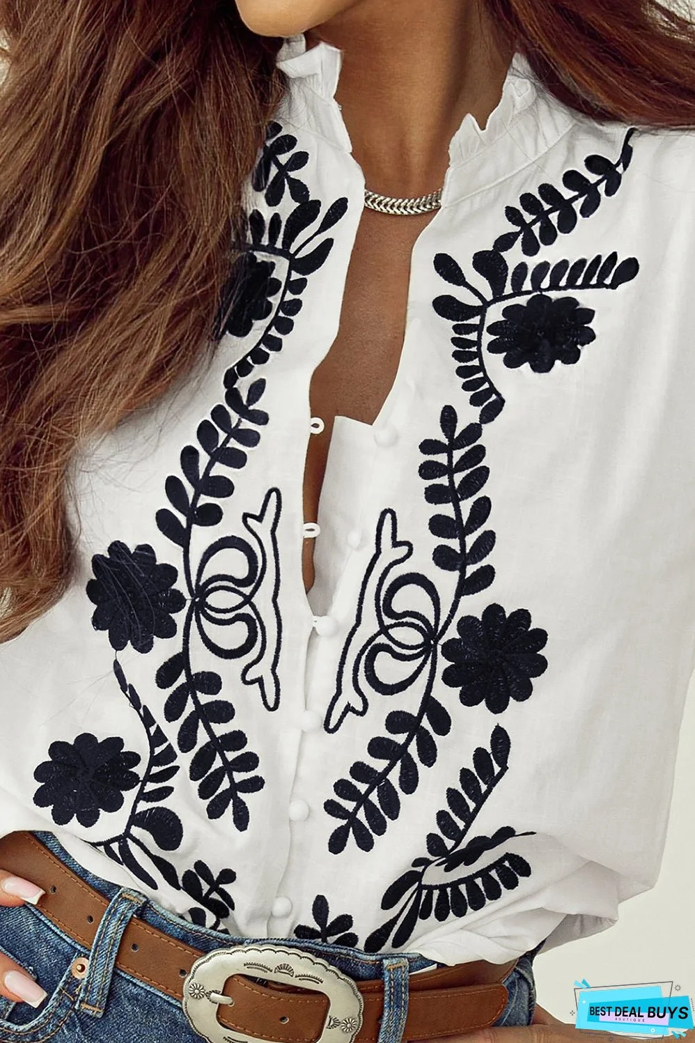 Floral Embroidered Shirred Sleeve Elegant Shirt