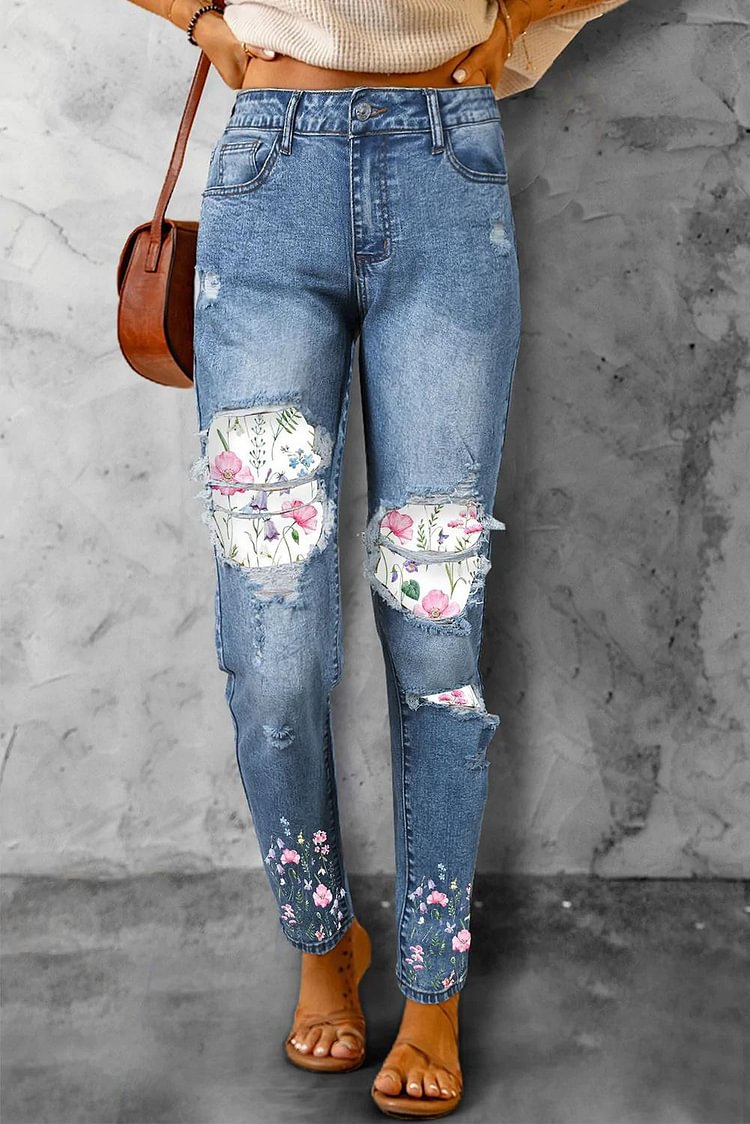 Spring Floral Graphic Shift Ripped Casual Jeans