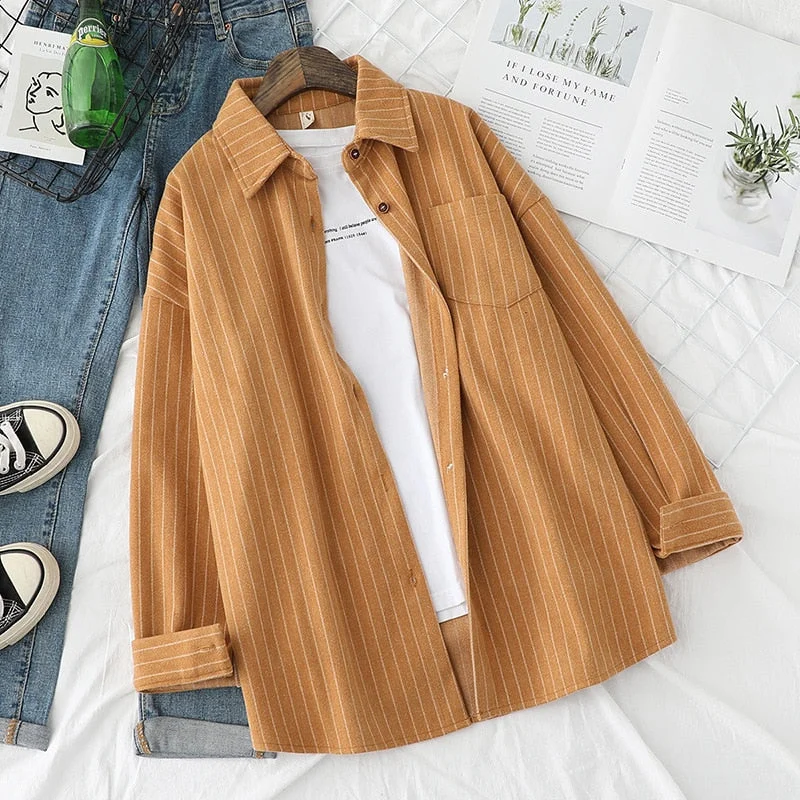 Woolen Striped Shirts Women Blouses And Tops Long Sleeve Female Clothes Outwear Loose New Arrival Yellow Grey