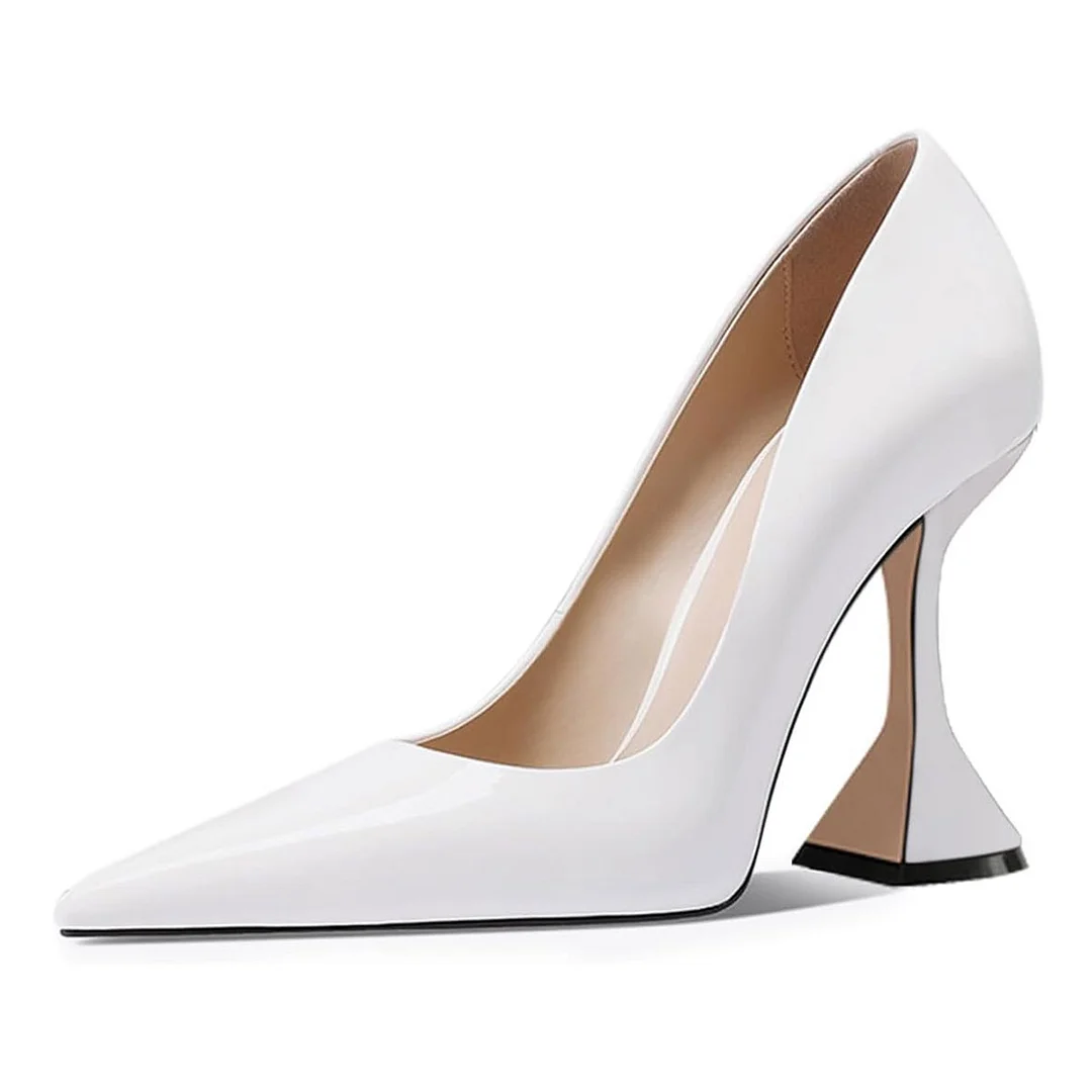YDN Simple White Patent Leather Pointed Toe Wedding Pumps Heels