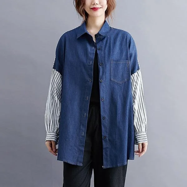 omychic plus size denim cotton vintage stripe korean style Casual loose autumn shirt women blouse 2020 clothes ladies tops
