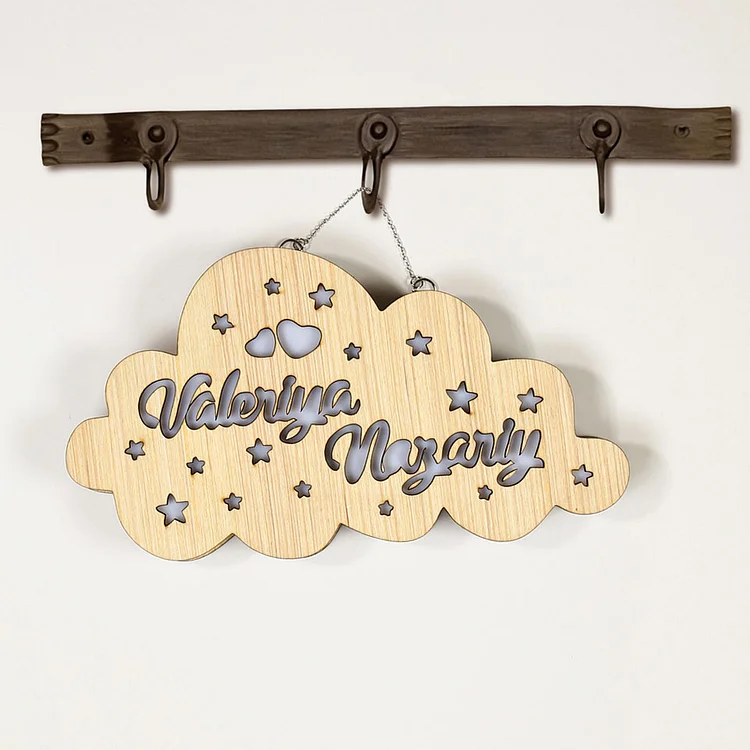 Personalized Cloud Wooden Night Light Custom 2 Names LED Lamp