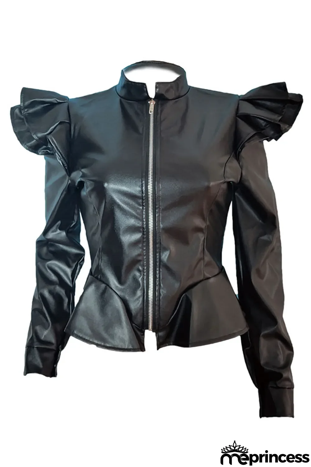 Black Mandarin Collar ruffle Solid PU Long Sleeve
