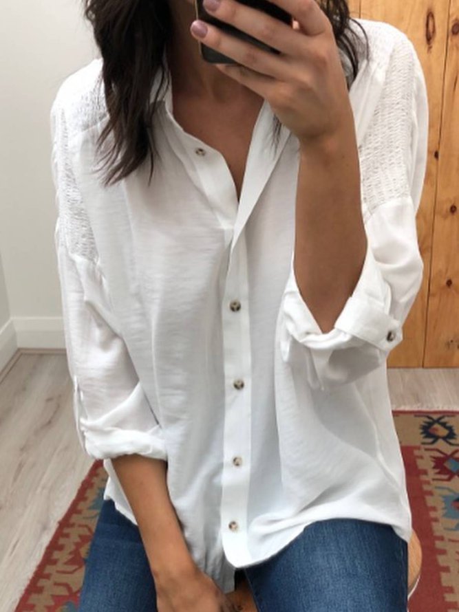 White Cotton-Blend Plain Long Sleeve Casual Shirts & Tops
