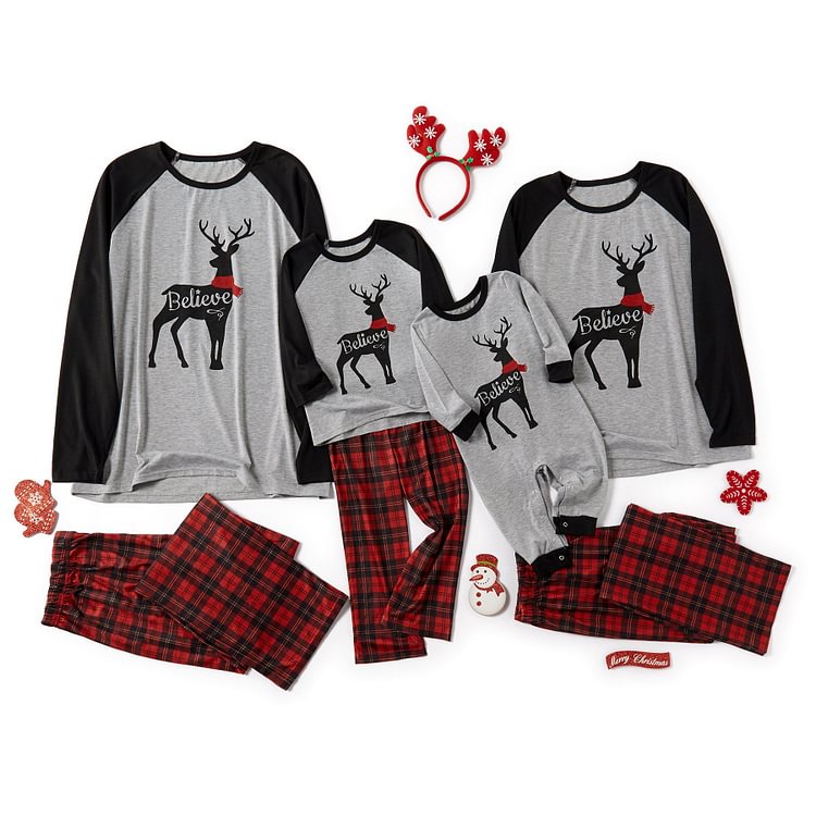 Family Matching ' Believe ' Deer Print Plaid Christmas Pajamas Set