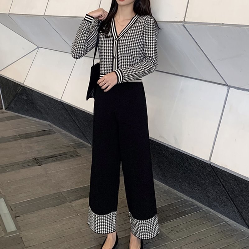 Fongt Autumn Knit 2 Piece Set Women Houndstooth Cardigan Sweater + Wide-Leg Pants Two Piece Outfits Women Crop Top Trousers Suits