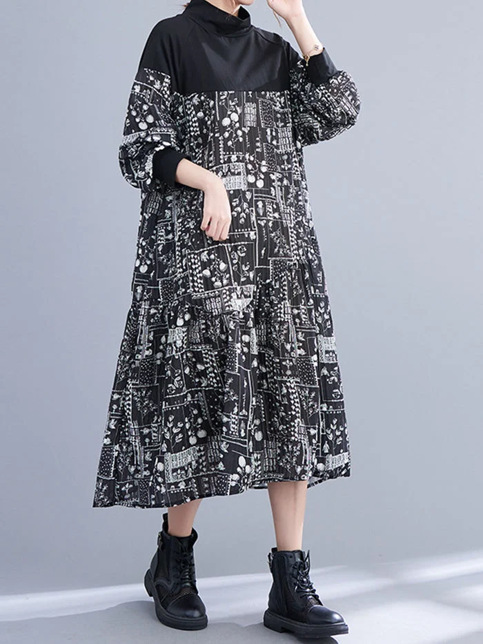 Printed Paneled Long-sleeve Dress