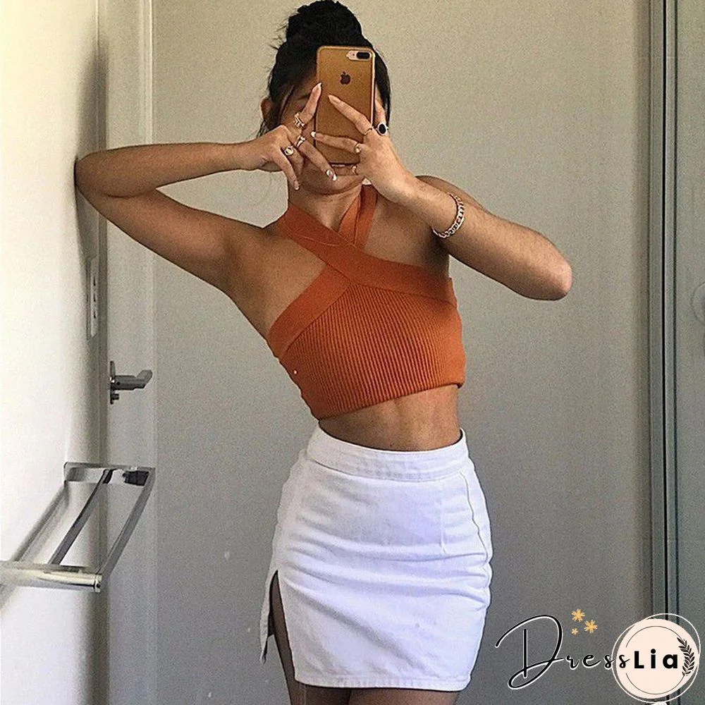 Crinkle Wide Ribbed Rib Criss Cross Halter Crop Top