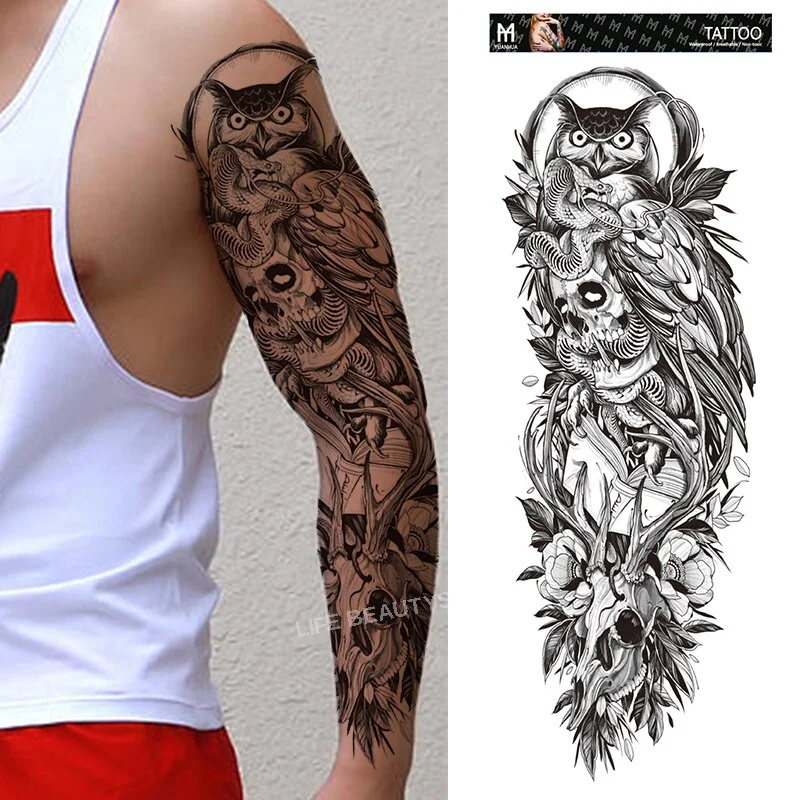 Sdrawing Temporary Full Arm Tattoos Man Women Cool Leg Art Tiger Wolf Black Sleeve Large Fake Sticker Glitter Multiple Style
